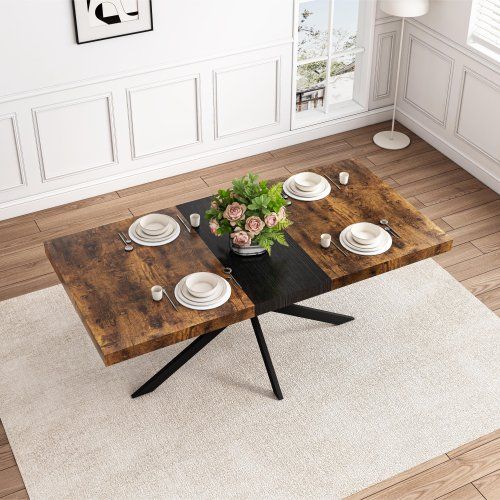 Retro Rectangular Stretch Dining Table, Antique Wood Top And Black Relief Plate, Black Fine Sand Cross Iron Foot Base Dining Table, With Storage