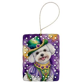 Bichon Frise King of Mardi Gras Porcelain Ornament Christmas Tree Hanging Decorations for Home Christmas Holiday, Rectangle, Gift, Multicolor