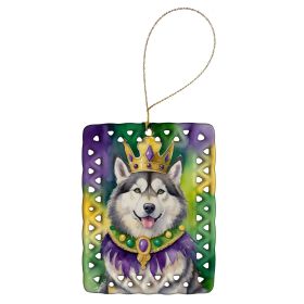 Alaskan Malamute King of Mardi Gras Porcelain Ornament Christmas Tree Hanging Decorations for Home Christmas Holiday, Rectangle, Gift, Multicolor