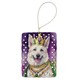 White German Shepherd King of Mardi Gras Porcelain Ornament Christmas Tree Hanging Decorations for Home Christmas Holiday, Rectangle, Gift, Multicolor