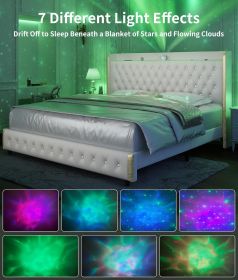 Full Size Wingback Upholstered Platform Bed Frame with Galaxy Projector, Diamond Button Headbaord, USB Charger, Music Speaker, Velvet