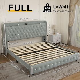 Queen Size Wingback Upholstered Platform Bed Frame with Galaxy Projector, Diamond Button Headbaord, USB Charger, Music Speaker, Velvet