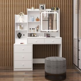 Makeup Vanity Desk with Mirror and Lights, White Vanity Table Set with 6 Drawers & Sliding Mirror & Storage Shelves
