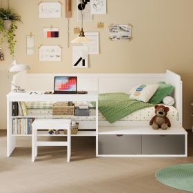 Wooden Twin Size Daybed with Storage Shelves and Lockers, Multi-functional Bed with Study Desk and Matching Stool, White