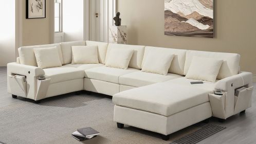 [New+Video]128*67" U Shaped Sectional Sofa,6 Seat Chenille Couch Set with Oversized Ottoman,Hidden Armrest Storage and Cup Holders,USB Charging Ports
