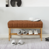 End of Bed Bench with Shelf, Retro leather Upholstered Storage Shoe Bench, Modern Bedroom Bench with Metal Legs for Living Room, Entryway, Dining Room