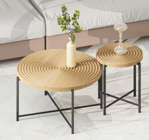 2-Piece Coffee and End Table Set – Waterproof MDF with PVC Cover, Distressed Cylindrical Design, Black Metal Legs – Classic Rustic Charm