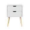 Side Table with 2 Drawer and Rubber Wood Legs, Mid-Century Modern Storage Cabinet for Bedroom Living Room Furniture, White