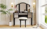 43" Dressing Table Set with Mirrored Drawers and Stool, Tri-fold Mirror, Makeup Vanity Set for Bedroom, Black