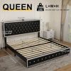 Queen Size Bed Frame with Star Projector Galaxy Light, Adjustable Upholstered Headboard with Diamond Button, USB Charger, Music Speaker, PU Leather
