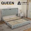 Queen Size Wingback Upholstered Platform Bed Frame with Galaxy Projector, Diamond Button Headbaord, USB Charger, Music Speaker, Velvet