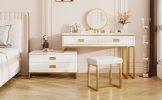 Modern Style Vanity Table With Movable Side Cabinet And 4-Drawers, Large Size Dressing Table With Mirror and 3-colors LED Light