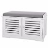 Shoe Storage Bench with Padded Seat Cushion, Entryway Bench with 2 Barn Doors-White