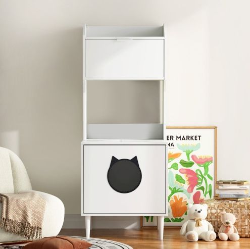 Litter Box Enclosure With Shelves And Doors White Wooden Hidden Cat Litter Box Furniture Industrial Indoor Cat House Washroom Pet Crate Storage C