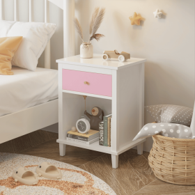 26.77''H Wooden Nightstand with One Drawer One Shelf for Kids, Adults (Color: Pink, Material: MDF)