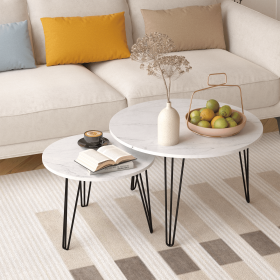 27.56" Round Nesting Coffee Table Set of 2, Circular Nesting End Table Set, Round Marble Tabletop, and Sturdy Metal Base for Living Room, bedroom (Color: White, Material: Wood+Metal)