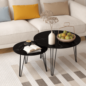 27.56" Round Nesting Coffee Table Set of 2, Circular Nesting End Table Set, Round Marble Tabletop, and Sturdy Metal Base for Living Room, bedroom (Color: Black, Material: Wood+Metal)