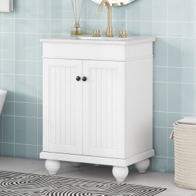 24" Modern Sleek Bathroom Vanity Elegant Ceramic Sink with Solid Wood Frame, Adjustable Shelf (Color: White, Material: Solid Wood+MDF)