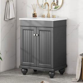 24" Modern Sleek Bathroom Vanity Elegant Ceramic Sink with Solid Wood Frame, Adjustable Shelf (Color: Black, Material: Solid Wood+MDF)