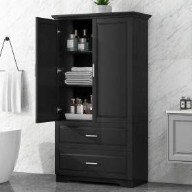 Tall Bathroom Storage Cabinet, Cabinet with Two Doors and Drawers, Adjustable Shelf, MDF Board (Color: Black, Material: MDF)