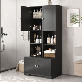 Tall and Wide Bathroom Floor Storage Cabinet, Bathroom Storage Unit, Freestanding Cabinet with 4 Doors, Adjustable Shelves, Open multi-layer Shelves (Color: Black, Material: MDF)