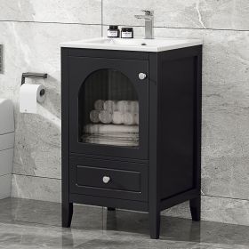 20" Bathroom Vanity with Sink, Bathroom Cabinet with Soft Closing Glass Door, A Drawer (Color: Black, Material: MDF)
