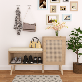 2-in-1 Shoe Storage Bench, Natural Rattan Shoe Cabinet with 2 Adjustable Shelves and Removable Seat Cushion, Modern Entryway Bench (Color: as Pic)