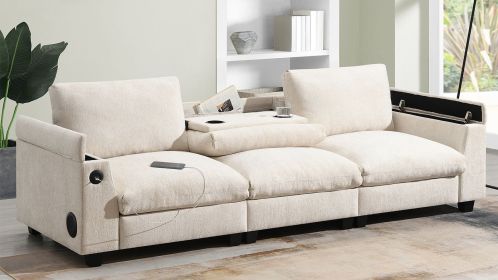 96*35''Chenille Sectional Sofa with Bluetooth Speaker,Comfy Cloud Couch Set with Drop Down Table,Cup Holders,USB Charger,Storage Armrest (Color: as Pic)