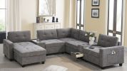[Video]104'' Sectional Sofa with Acrylic Table Top,Chenille U Shaped Couch Set with 2 Consoles,USB Charger,Storage Drawers and Pockets,Movable Ottoman