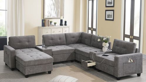 [Video]104'' Sectional Sofa with Acrylic Table Top,Chenille U Shaped Couch Set with 2 Consoles,USB Charger,Storage Drawers and Pockets,Movable Ottoman (Color: as Pic)