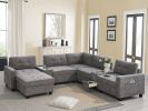 [Video]104'' Sectional Sofa with Acrylic Table Top,Chenille U Shaped Couch Set with 2 Consoles,USB Charger,Storage Drawers and Pockets,Movable Ottoman