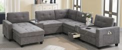 [Video]104'' Sectional Sofa with Acrylic Table Top,Chenille U Shaped Couch Set with 2 Consoles,USB Charger,Storage Drawers and Pockets,Movable Ottoman